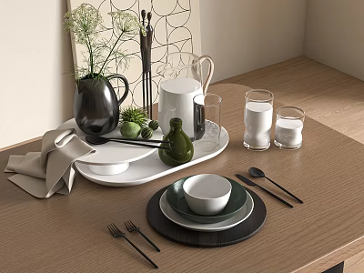 Modern Kitchen Tableware Set With Tray Plates Bowls Milk Glasses And Utensils On Wooden Table 3d model
