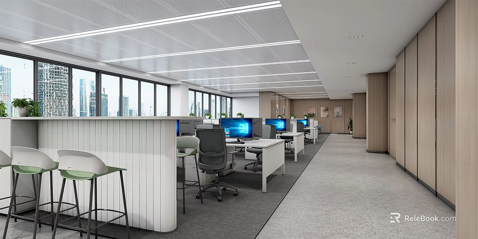 Modern Public Office Area With Open Layout Office Desks Computers And Windows 3d model 
