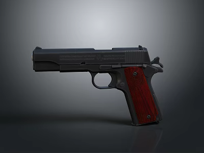 Classic Pistol With Black Metal Body And Red Textured Grip On Gray Background 3d model