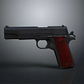 Classic Pistol With Black Metal Body And Red Textured Grip On Gray Background