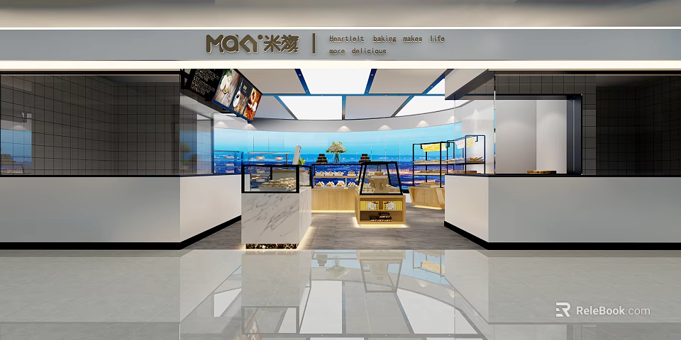 MOMI Dessert Shop Modern Interior With Glass Display Cases And Wooden Counter 3d model 