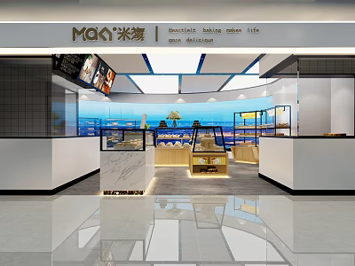 MOMI Dessert Shop Modern Interior With Glass Display Cases And Wooden Counter 3d model