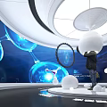 Modern Tech Exhibition Hall With Curved Screen Blue Planet Graphics And Spherical Installation 3d model