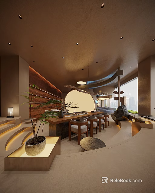Modern Zen Lounge Interior Design With Wooden Bar Stone Decor And Ambient Lighting 3d model 