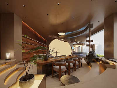 Modern Zen Lounge Interior Design With Wooden Bar Stone Decor And Ambient Lighting 3d model