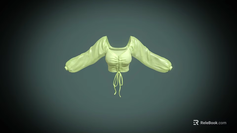 Light Green Crop Top With Puffed Sleeves And Tie Waist Detail 3d model 