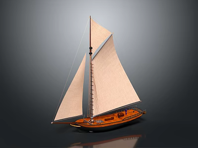 Classic Wooden Sailboat As Water Transport With Beige Sails Mast And Brown Wooden Hull 3d model