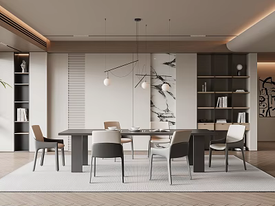 Modern Restaurant Interior With Dining Table Chairs Pendant Lights Bookshelves And Decorative Paintings 3d model
