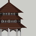 Traditional Chinese Pavilion With Three Tiered Brown Roof Black Pillars Platform Base And Person Inside
