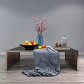 Modern Slatted Coffee Table With Pink Flower Vase Fruit Bowl Book And Gray Throw