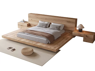 Modern Homestay Solid Wood Floor Bed 3d model