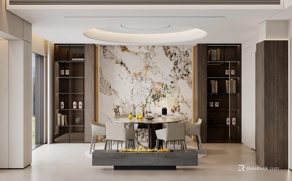 Elegant Modern Dining and Living Room Interior With Marble Wall Dining Table And Fireplace 3d model 