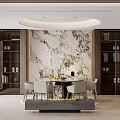 Elegant Modern Dining and Living Room Interior With Marble Wall Dining Table And Fireplace