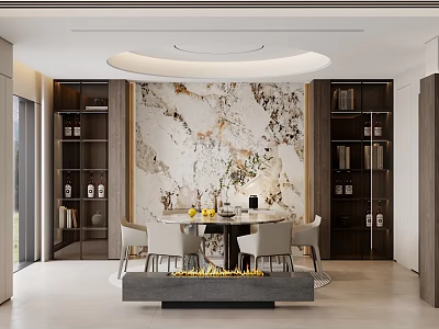 Elegant Modern Dining and Living Room Interior With Marble Wall Dining Table And Fireplace 3d model