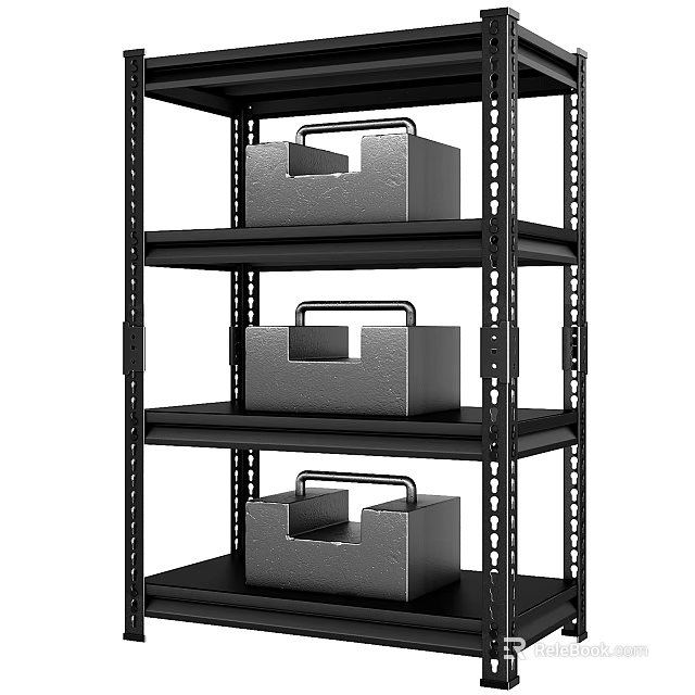 Black Multi Tiered Metal Shelving Unit With Storage Boxes And Handles 3d model 