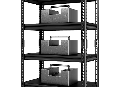Black Multi Tiered Metal Shelving Unit With Storage Boxes And Handles 3d model