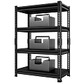 Black Multi Tiered Metal Shelving Unit With Storage Boxes And Handles