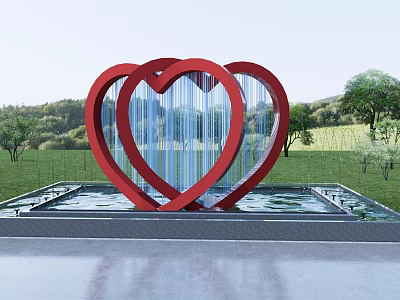 Red Double Heart Sculpture in Water Pool with Green Grass and Trees 3d model
