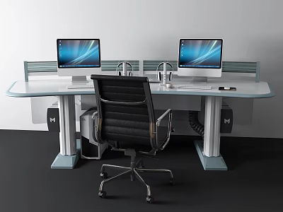 Modern Office Desk With Glass Top Two Monitors Black Office Chair And Metal Legs 3d model