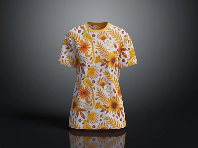 Floral Printed White T-shirt With Yellow Orange Sunflower Leaf Patterns 3d model