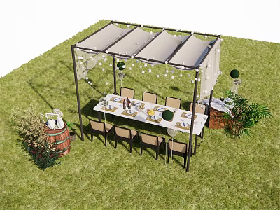 Outdoor Pergola With Dining Table Chairs String Lights On Green Lawn 3d model