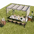 Outdoor Pergola With Dining Table Chairs String Lights On Green Lawn