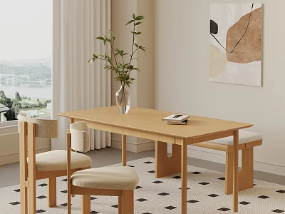 Wooden Dining Table With Chairs Bench Vase Plant Window Curtains Wall Art Checkered Rug 3d model