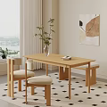 Wooden Dining Table With Chairs Bench Vase Plant Window Curtains Wall Art Checkered Rug