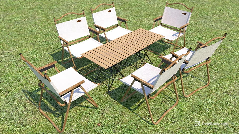 Garden Landscape With Wooden Table And Folding Chairs On Green Grass 3d model 