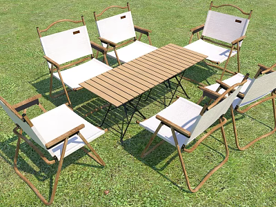 Garden Landscape With Wooden Table And Folding Chairs On Green Grass 3d model