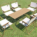 Garden Landscape With Wooden Table And Folding Chairs On Green Grass