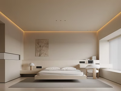 Modern Beige Bedroom Interior With Recessed Lighting Bed Wall Art Table Lamp And Window Desk 3d model