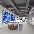 Modern Art Gallery Interior With White Walls Gray Ceiling Abstract Paintings White Sofas Modern Sculptures