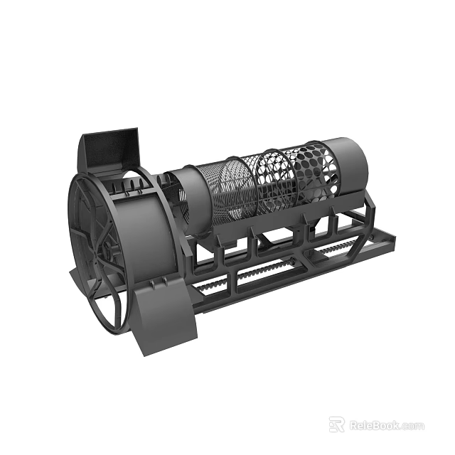 Industrial Drum Screening Equipment With Mesh Cylinder And Support Frame 3d model 
