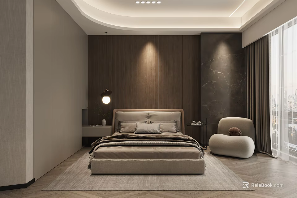 Modern Bedroom Interior Design With Wooden Panel Walls Upholstered Bedhead And Accent Chair 3d model 