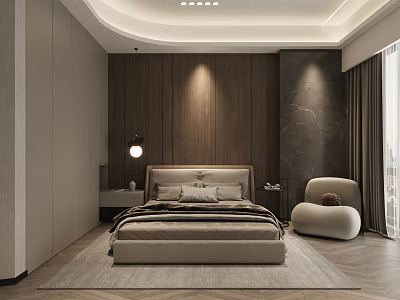 Modern Bedroom Interior Design With Wooden Panel Walls Upholstered Bedhead And Accent Chair 3d model