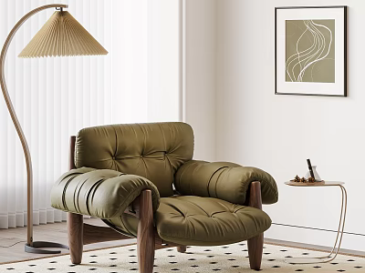 Comfortable Olive Green Leather Lounge Chair With Wooden Legs Modern Floor Lamp And Abstract Art 3d model