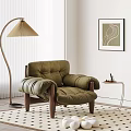 Comfortable Olive Green Leather Lounge Chair With Wooden Legs Modern Floor Lamp And Abstract Art