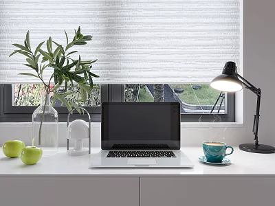 Modern Laptop on White Desk with Green Apples Plant Lamp and Blue Cup 3d model