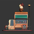 Colorful Ice Cream Cart Setup With Stacked Ice Cream Cones Street Lamp Tables Chairs