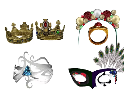 Decorative Ornaments Crowns Headbands Rings Headdresses And Peacock Masks With Gems Pearls And Colorful Accents 3d model
