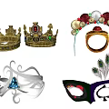 Decorative Ornaments Crowns Headbands Rings Headdresses And Peacock Masks With Gems Pearls And Colorful Accents