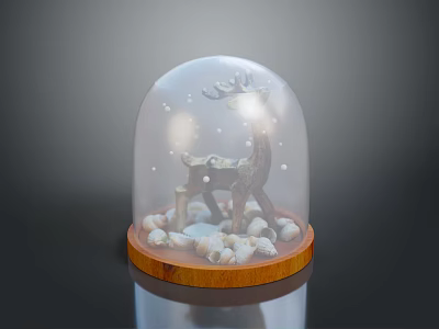 Glass Dome Decorative Display With Brass Deer Figurine Wooden Base And Seashells 3d model