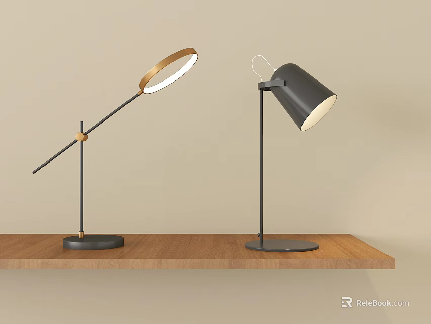 Modern Table Lamps With Metal Stand Gold And Black Shades On Wooden Shelf 3d model 