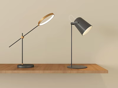Modern Table Lamps With Metal Stand Gold And Black Shades On Wooden Shelf 3d model