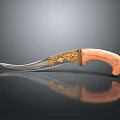 Weapon Featuring Curved Sharp Blade Wooden Handle And Golden Decorative Engravings