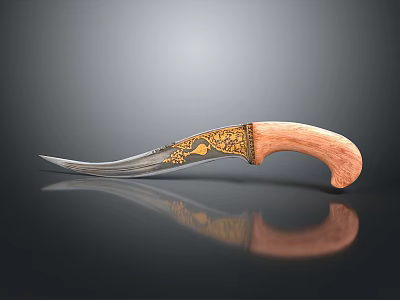 Weapon Featuring Curved Sharp Blade Wooden Handle And Golden Decorative Engravings 3d model