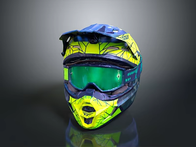 Sporty Reflective Motorcycle Helmet With Blue Yellow Green Design Goggles And Face Mask 3d model