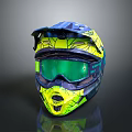 Sporty Reflective Motorcycle Helmet With Blue Yellow Green Design Goggles And Face Mask