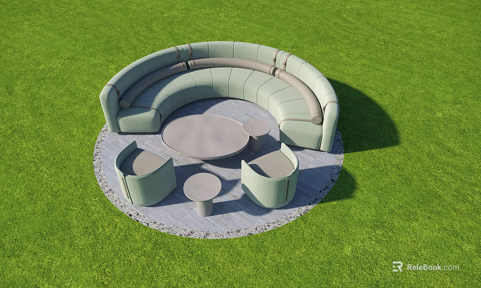 Light Green Curved Sofa Coffee Table Set with Round Table Small Side Tables on Grass 3d model